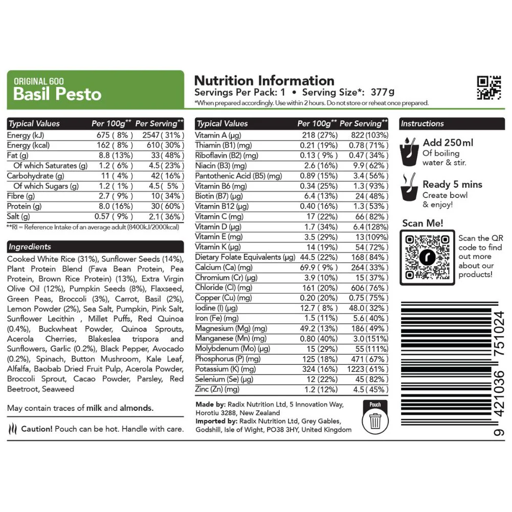 Radix Nutrition Original Meals v8.0 - 600Kcal (Basil Pesto) - Image 2