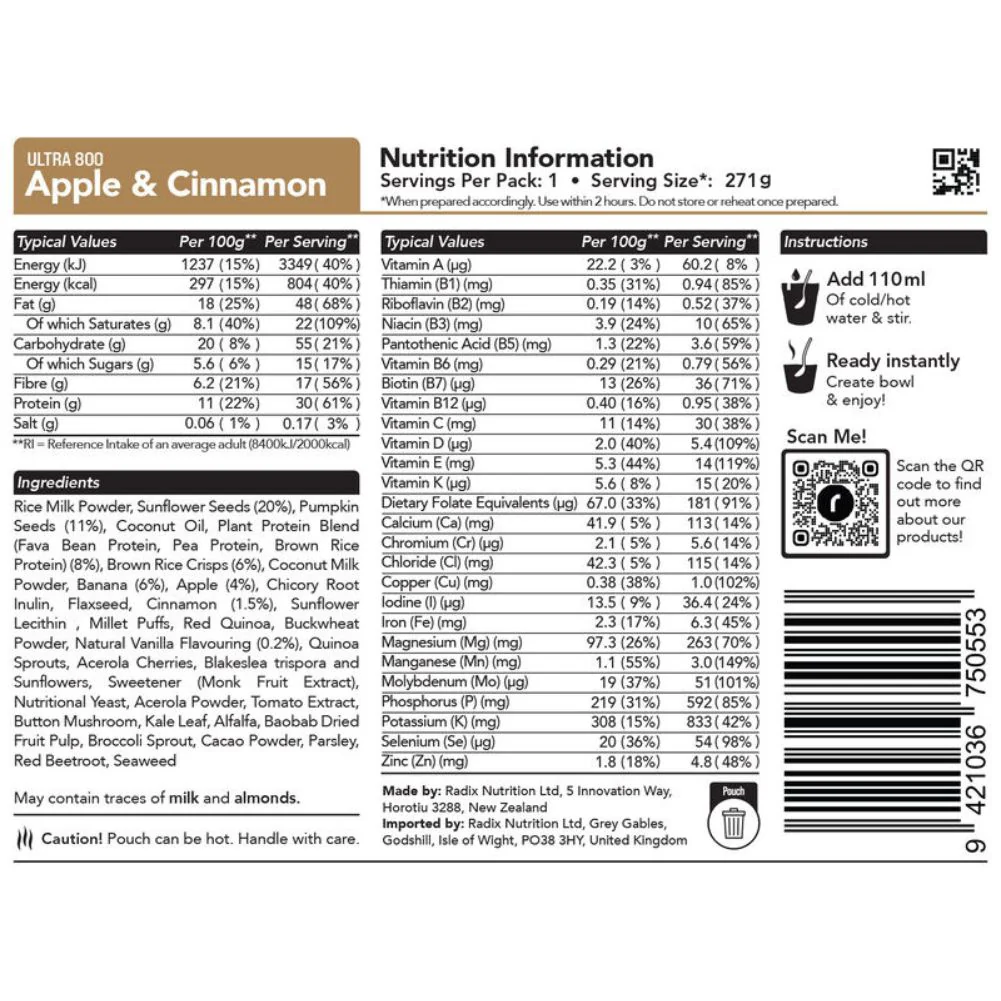 Radix Nutrition Ultra Breakfast v9.0 - 800Kcal (Apple Cinnamon) - Image 3