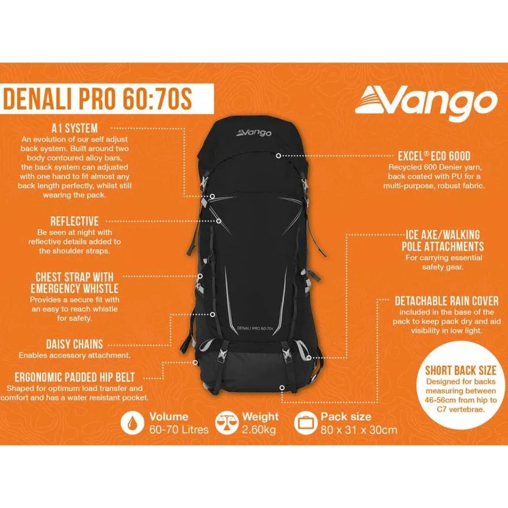 Vango Denali Pro 60:70S Trekking Rucksack - Short Back (Black) - Image 17