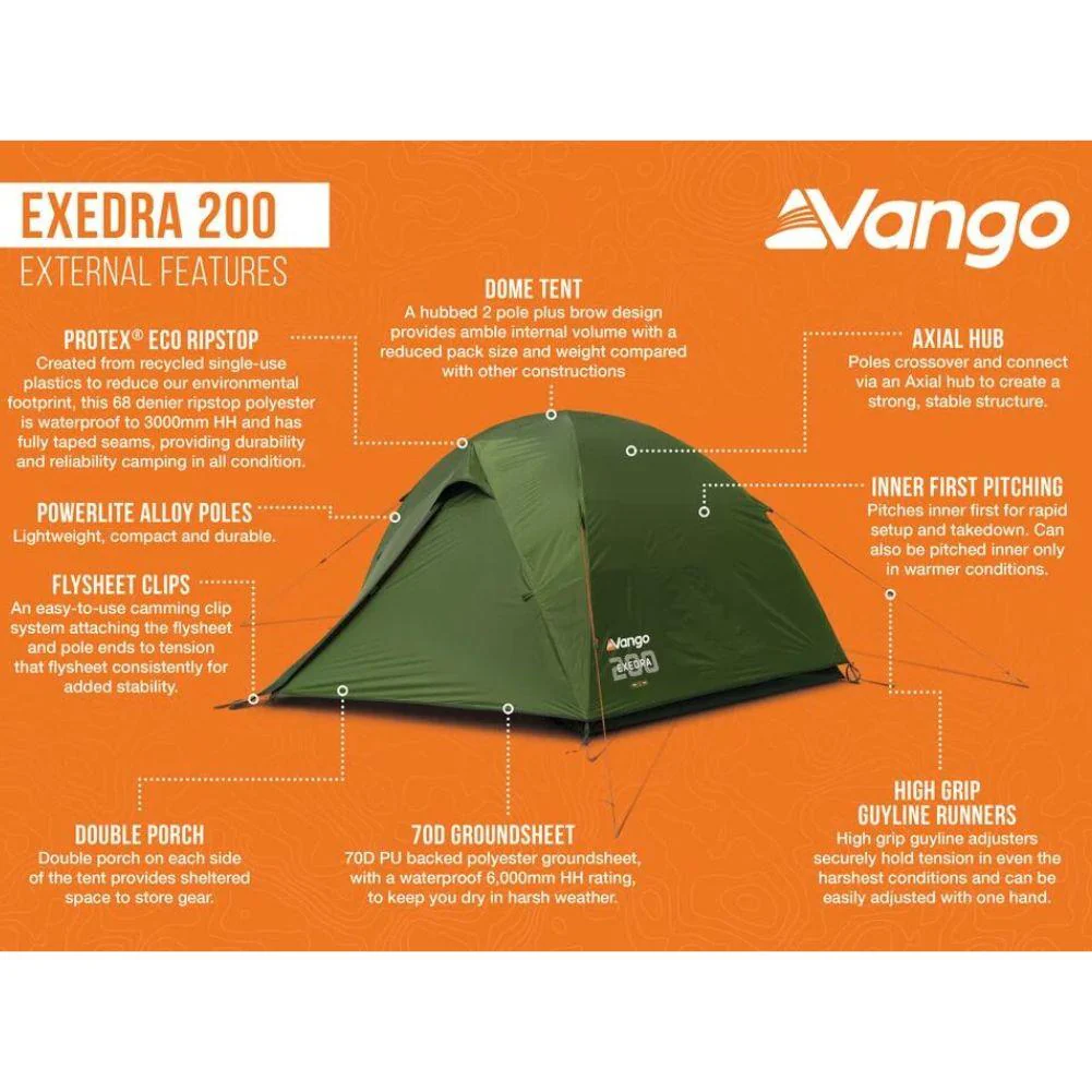 Vango Exedra 200 Lightweight Trekking 2-Person Tent (Forest Green) - Image 2
