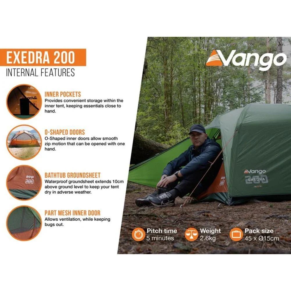 Vango Exedra 200 Lightweight Trekking 2-Person Tent (Forest Green) - Image 4