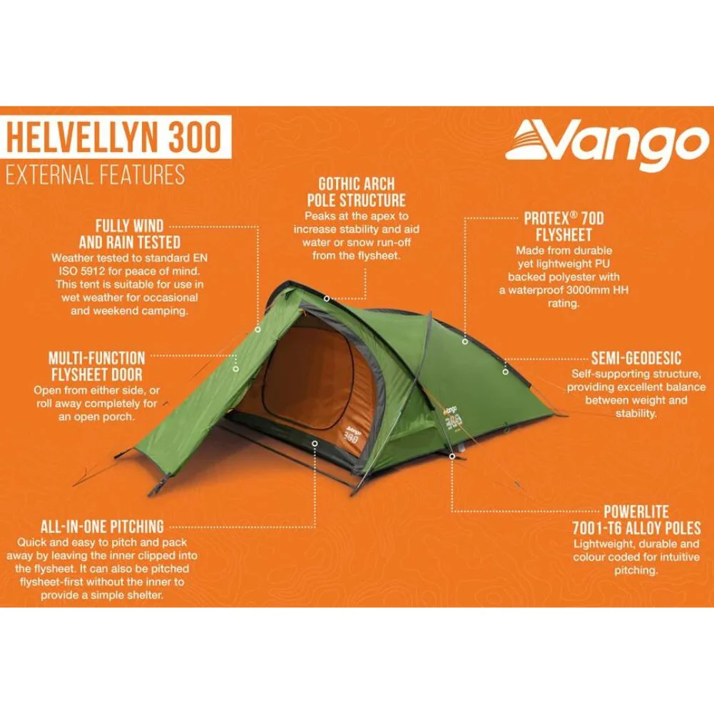 Vango Helvellyn 300 Trekking Tent - 3 Man Semi-Geodesic Tent (Pamir Green) - Image 2