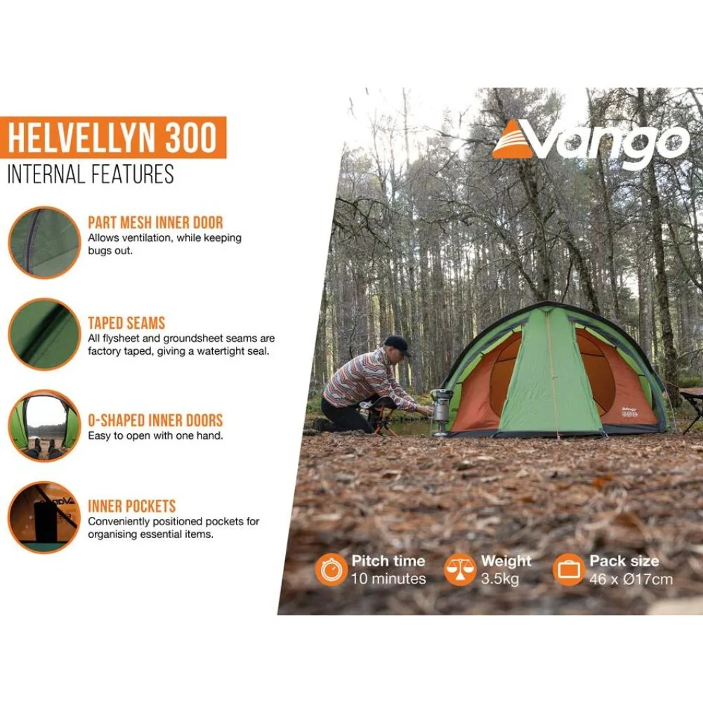 Vango Helvellyn 300 Trekking Tent - 3 Man Semi-Geodesic Tent (Pamir Green) - Image 3