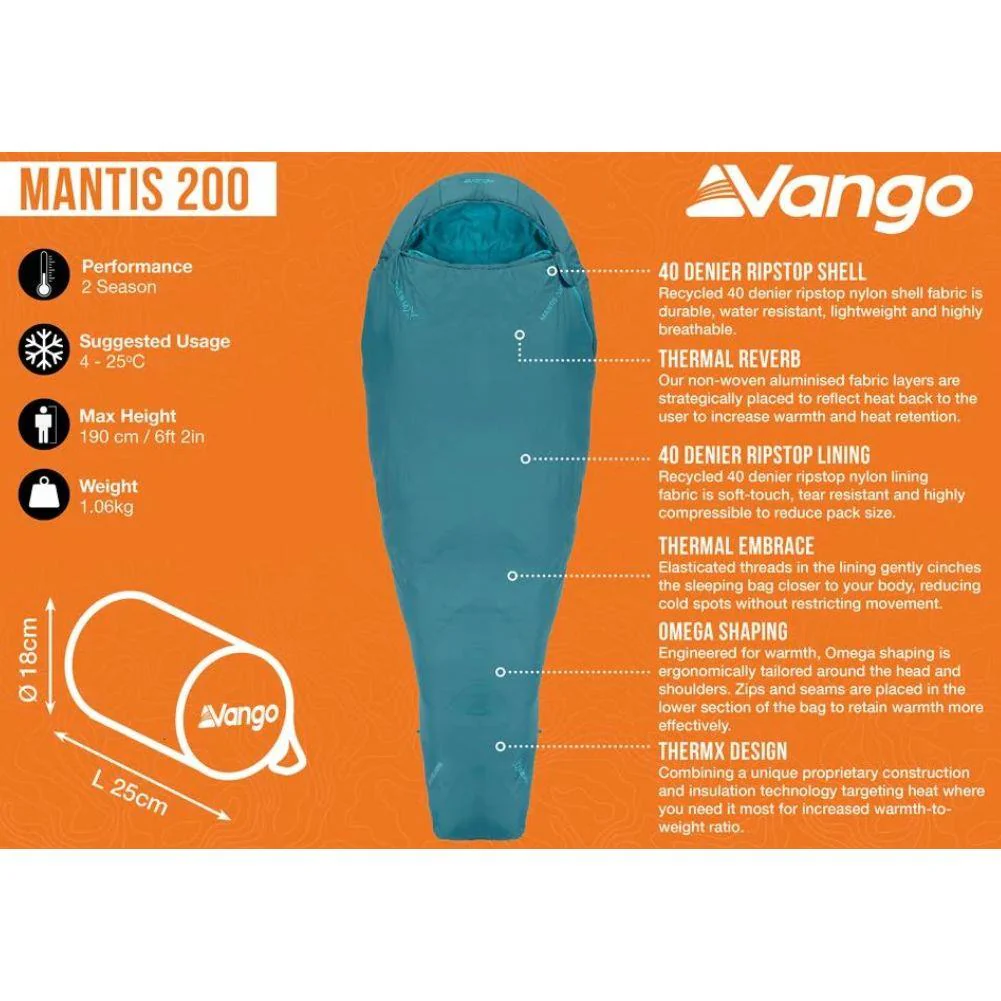 Vango Mantis 200 Lightweight Sleeping Bag (Deep Lagoon) - Image 2