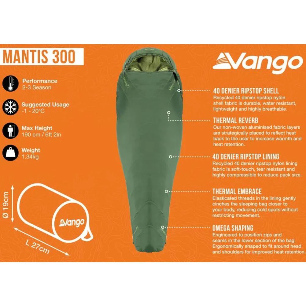 Vango Mantis 300 Lightweight Sleeping Bag (Pine Green) - Image 2