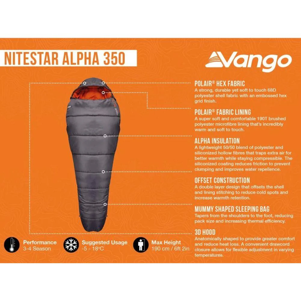 Vango Nitestar Alpha 350 Left Zip Sleeping Bag (Excalibur) - Image 2